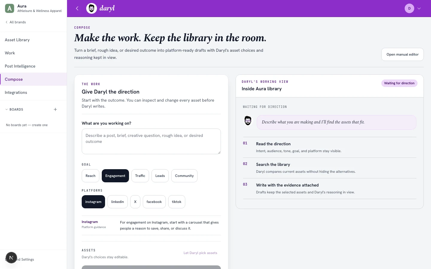 DAMdaryl Compose keeping the marketing direction, asset choices, and writing workflow together